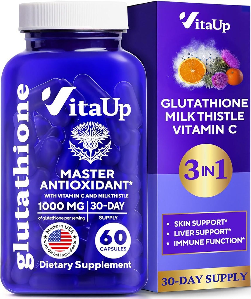 减少Glutathione 补充1000mg - 美国制造Glutathione Capsules 配有维生素C和牛奶酸盐,用于肝脏护理、皮肤支持和免疫健康 - 60个计数