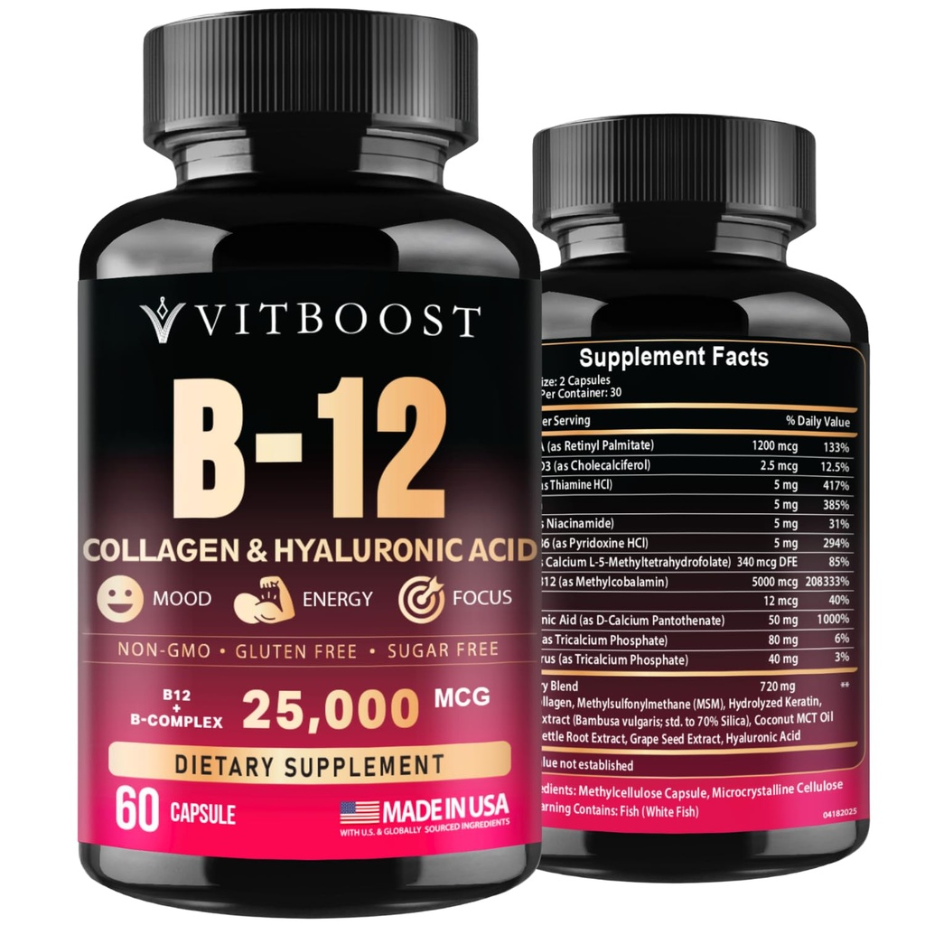 B12与Hyaluronic Acid,Collagen和Folate – 25000 mcg B12 Complex – 最大化吸收和能量 – Gluten Free USA Made, B1, B2, B3, B6, B7, B12 维生素 5000 mcg Methylcobalamin - 60 capsules