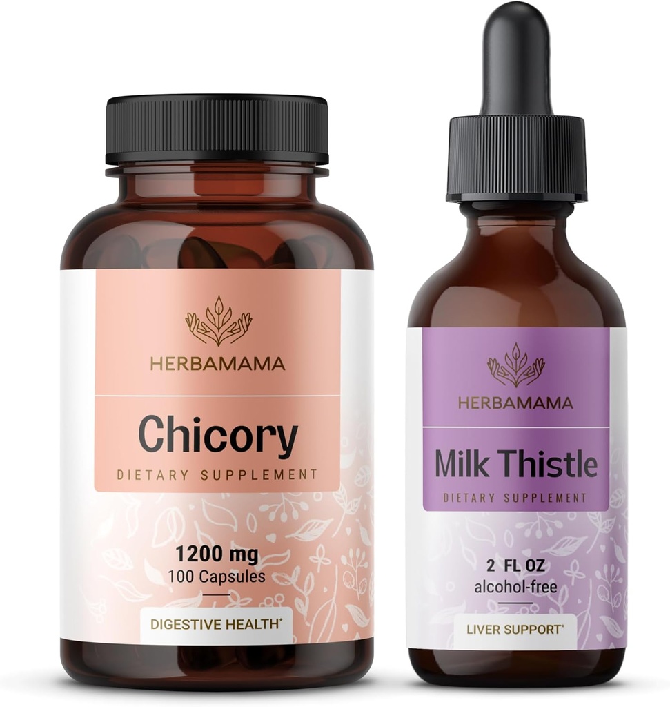 HERBAMAMA 奇科里和牛奶酸盐包 - 1200 mg的奇科里根包和牛奶酸盐包 2 fl oz - Vegan, Non-GMO,糖和无酒精 - 2 Pack