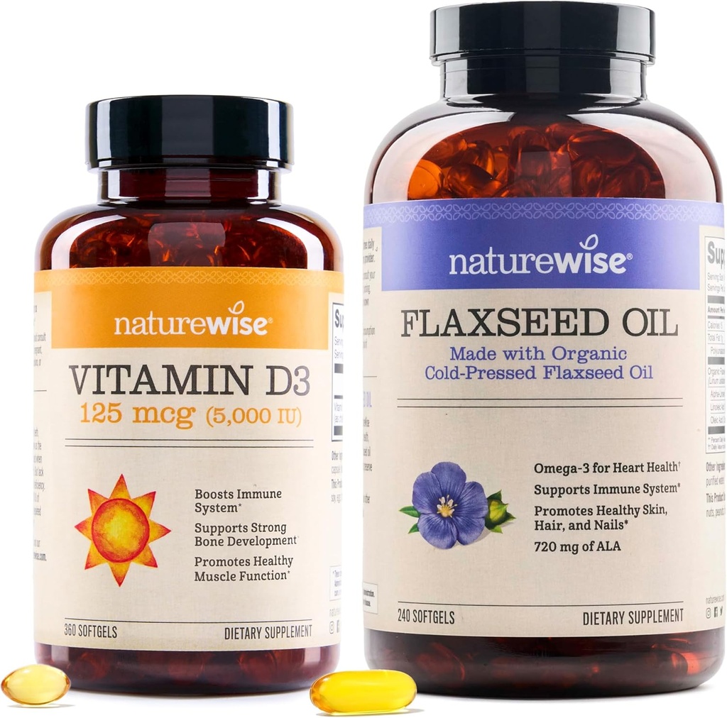 NatureWise Vitamin D3 5000iu(125 mcg) 1年健康肌肉功能供应,免疫支持有机软糖籽油 Max 720mg ALA QQ最高概率软糖油 Omega 3