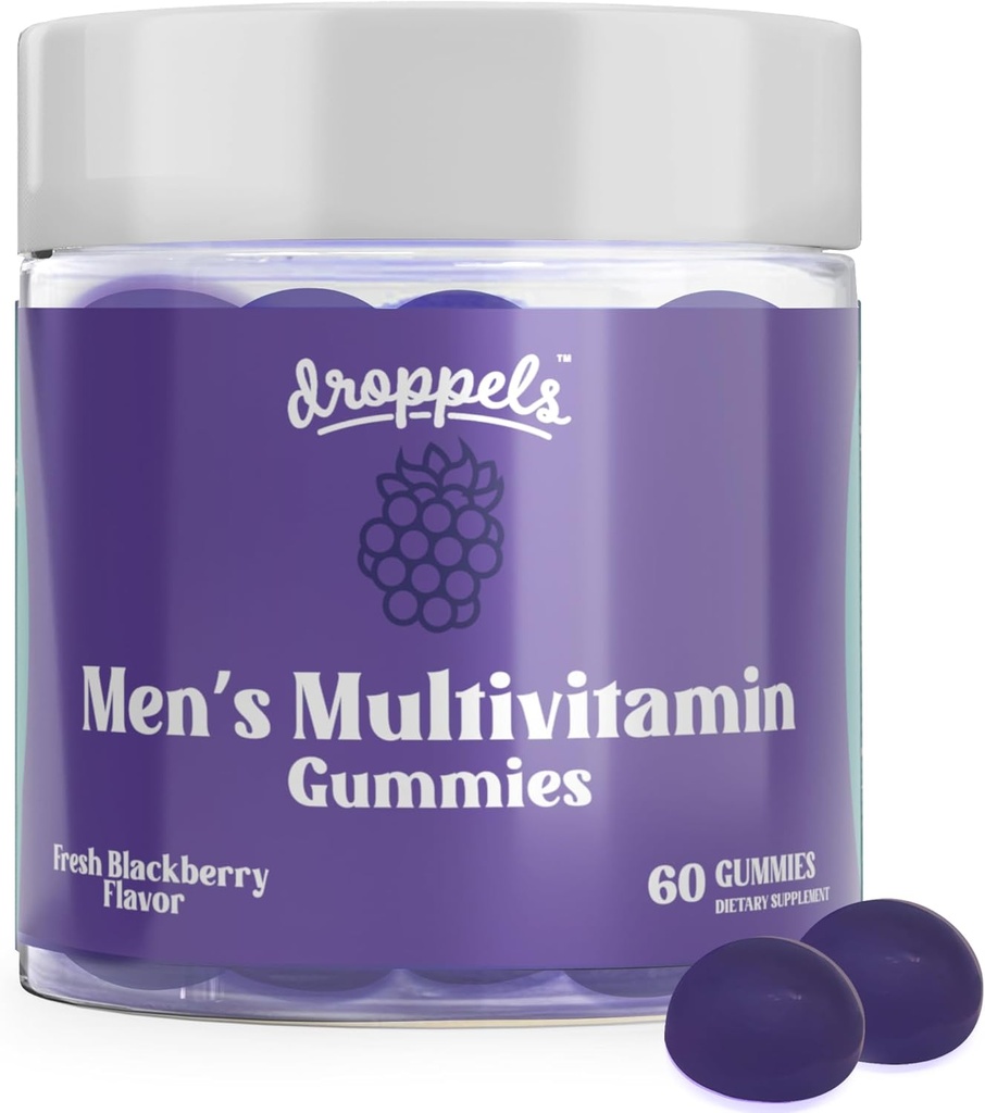 Droppels Men's multivitamin Gummys with Folic酸,维生素A, D, C, E, K, B6, B12, Biotin & More | Vegan, N-GMO & Pectin- Based | Fresh BlackBerry Flavor, 60 Counter.