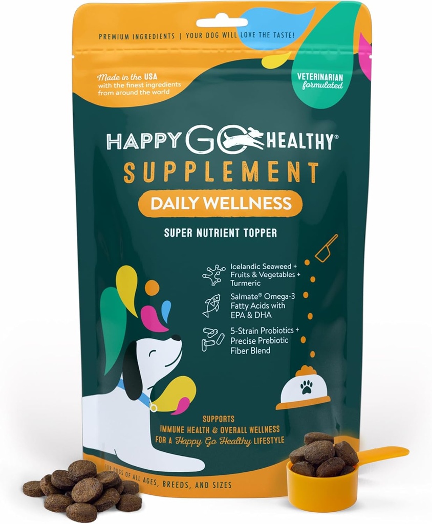 Daily Wellness Supplements for Dogs + Probiotic & Prebiotic 好处与鱼油和海藻 保持你的狗束 一整天 → 所有饲养和大小 → 60 Counter