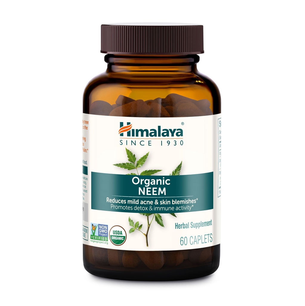 喜马拉雅有机neem,60天供应 - 草药Acne补充剂 支持清皮肤和脱毒 - USDA有机,Vegan,N-GMO,Gluten Free,600 mg,60 Caplets