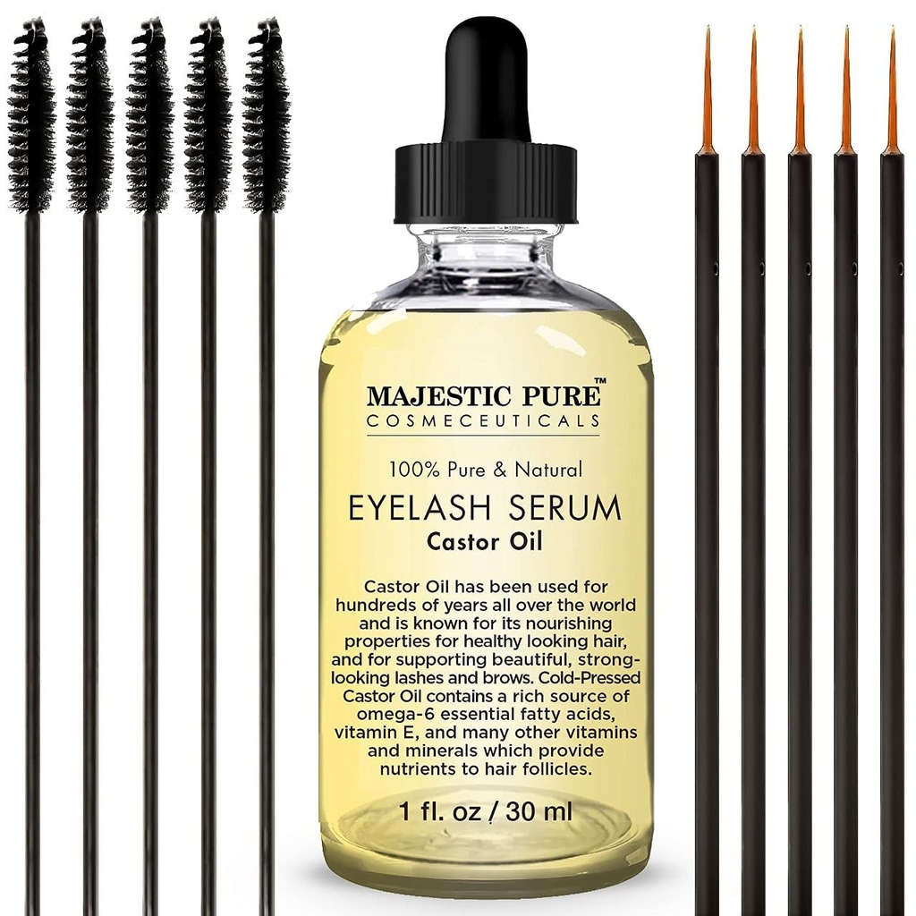 Majestic Pure Castor Oil Earlash Serum - 带有苹果 & Argan Stem Cells - 用于更长厚的眼睫毛,眉毛 & 头发的眼发生长液 - 免费的Mascara Brush & Eyliner 应用器 - 1 fl oz