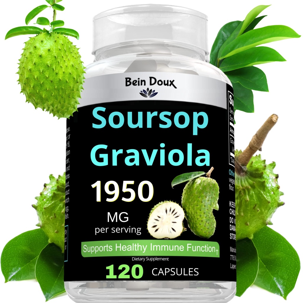 1950mg Soursop Graviola Capsules (Guanábana) 有机叶粉富含抗氧化剂 -- -- 120 Capsules 40