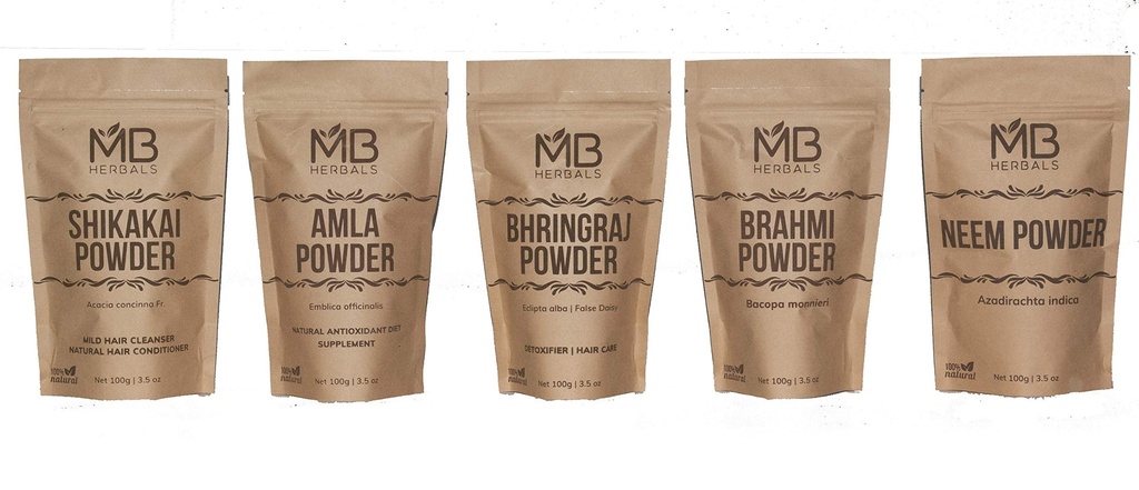 MB 草药 发粉 COMBO Pack → Shikakai → Neem → 布拉米 → Amla → Brringaraj → 发粉 → 每人 100克 → 用于发粉 → 仅用于外部用途