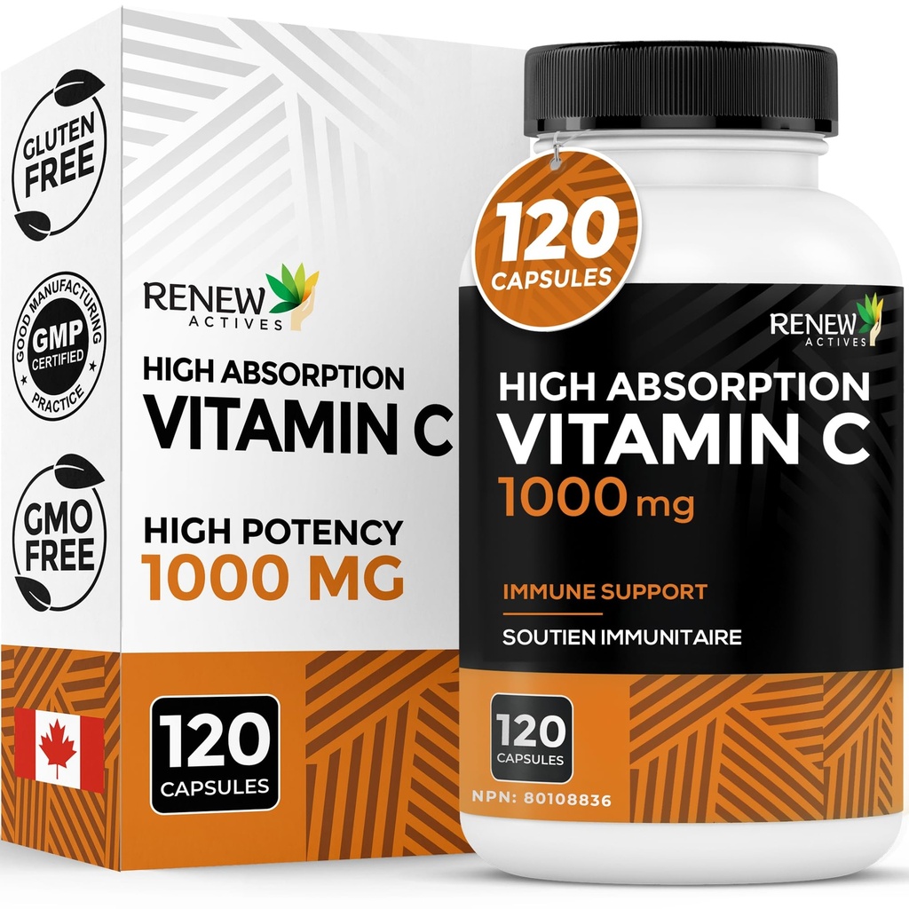 RENEW ACTIVES Maximum Strength Vitamin C 1000MG per Serving – Antioxidant & Immune Booster for Overall Health, Bones, Teeth & Gums – Non-GMO, Sugar-Free, 4-Month Supply – Made in Canada – 120 Capsules