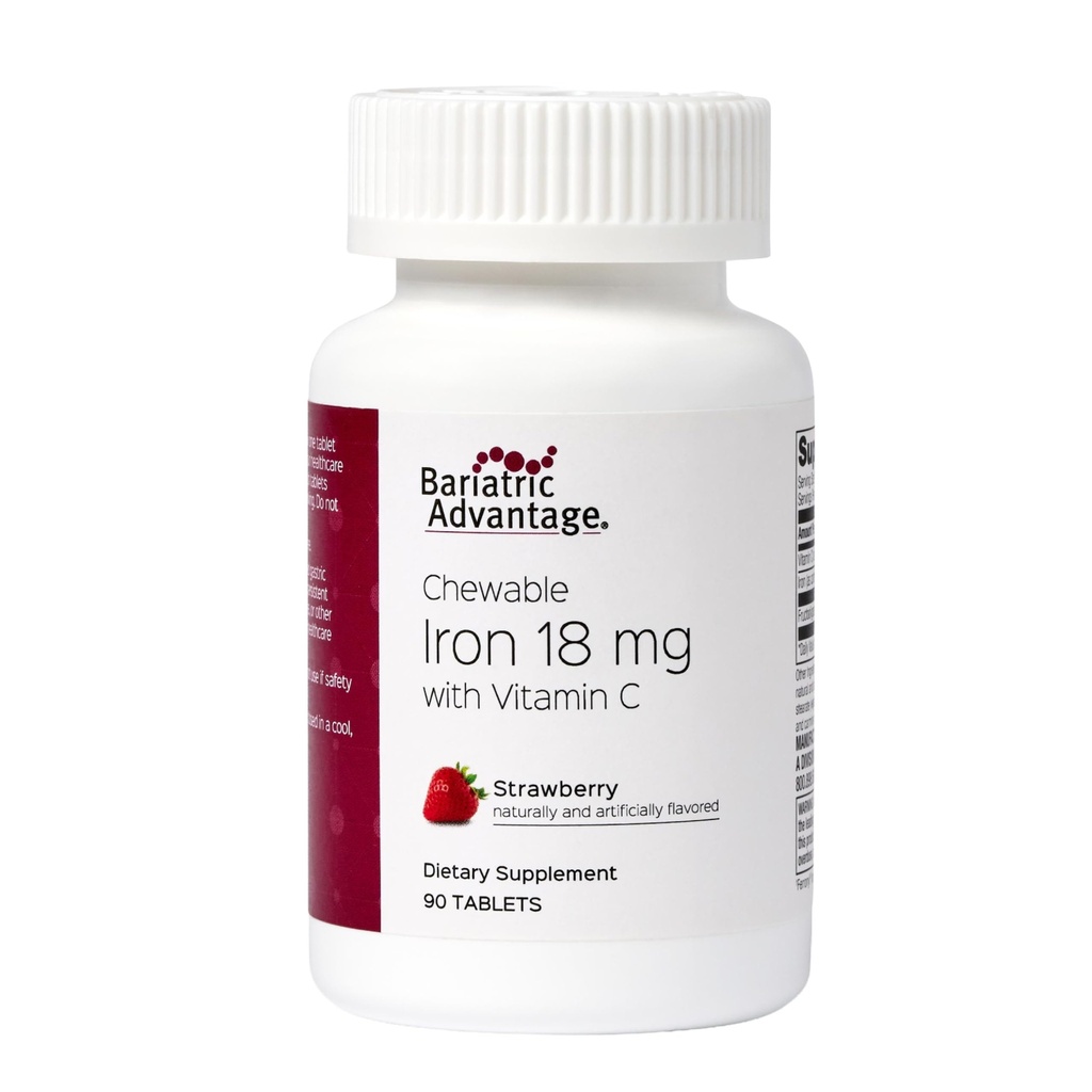 Bariatric Advantage Iron 18 mg with Vitamin C Chewable - Ferronyl Carbonyl Iron - Gentle on Stomach - Strawberry - 90 Count