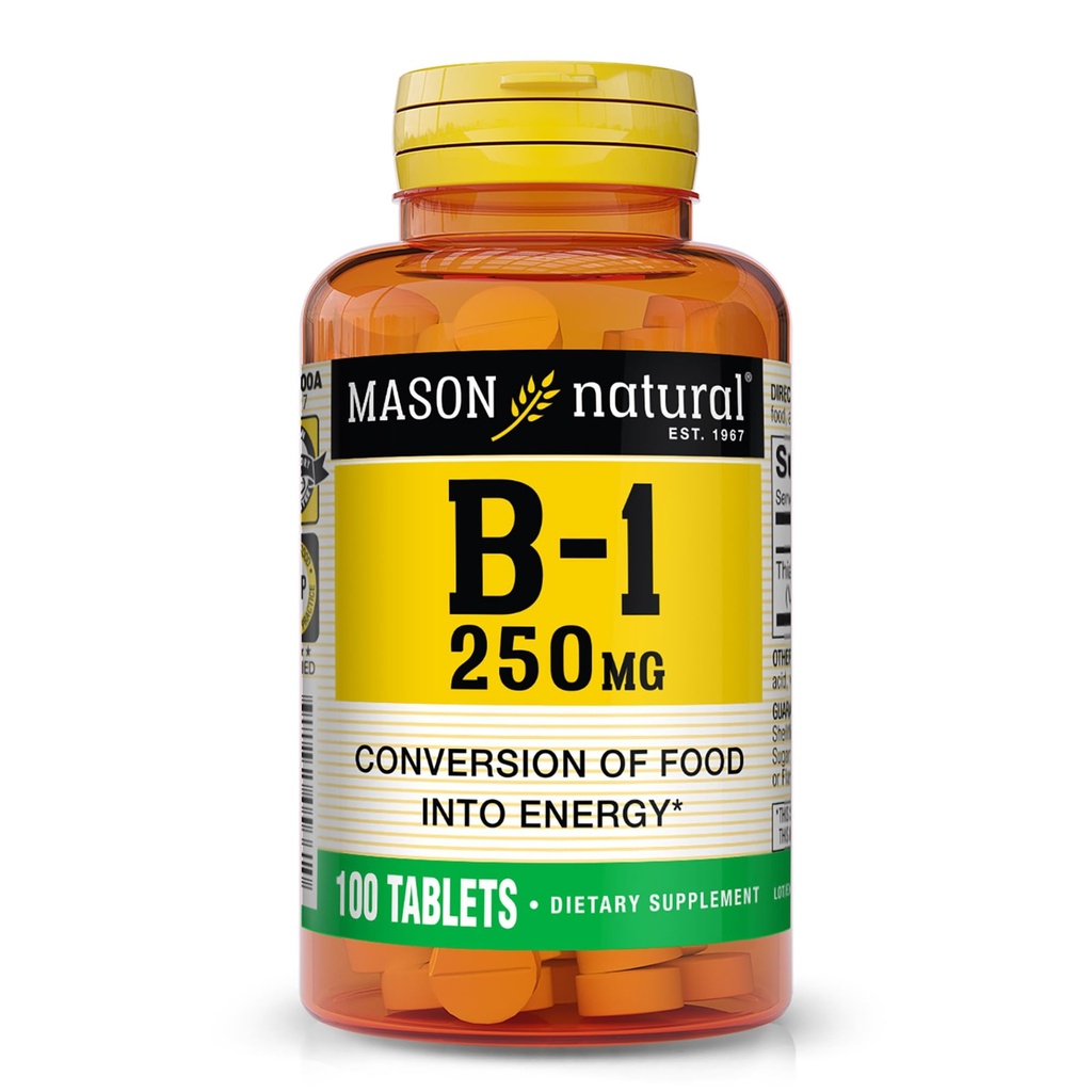MASON 天然维生素B,1 Thiamine 250毫克,100天供应膳食补充剂,易,至,吞片,支持能源生产和健康代谢