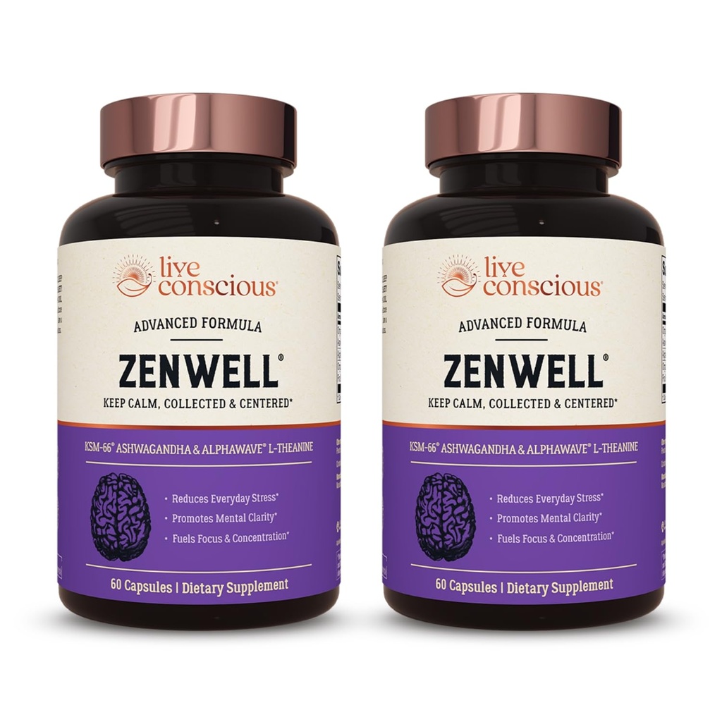 现场意识KSM-66 Ashwagandha 补编 Theanine & AlphaWave - Zenwell Everyday 压力缓解,认知,脑健康 - Ashwagandha for Men and Women - 60 Capsules (2-Pack) (英语).