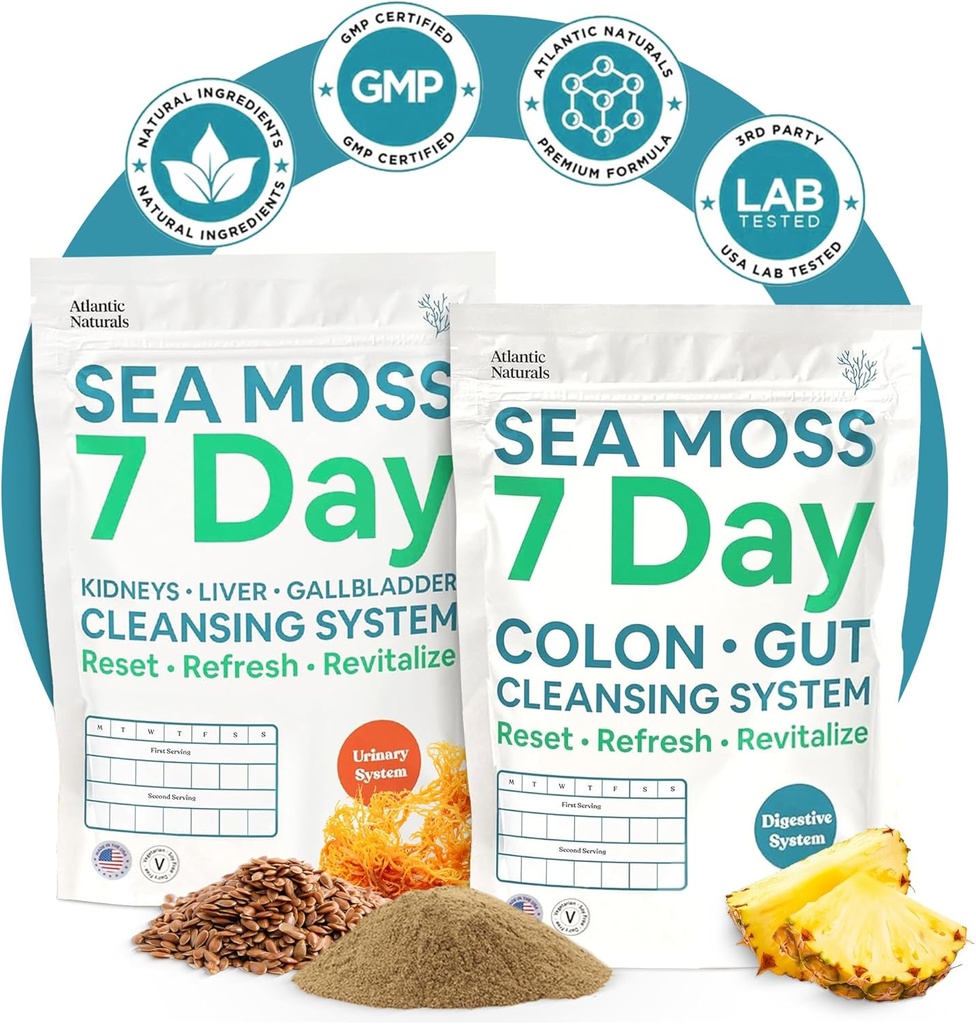 大西洋自然海 Moss 7天全体清洁 Detox Bundle, Colon cleanse Powder with Psyllium Husk Senna Powder & 有机海 Moss Powder Kidney, Liver, Gallbladder, Pineapple Flavor 饮料混合