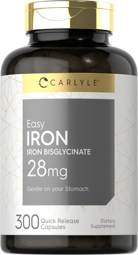 Carlyle Easy Iron Supplement for Women and Men | 28mg | 300 Capsules | as Ferrous Bisglycinate | Non-GMO and Gluten Free