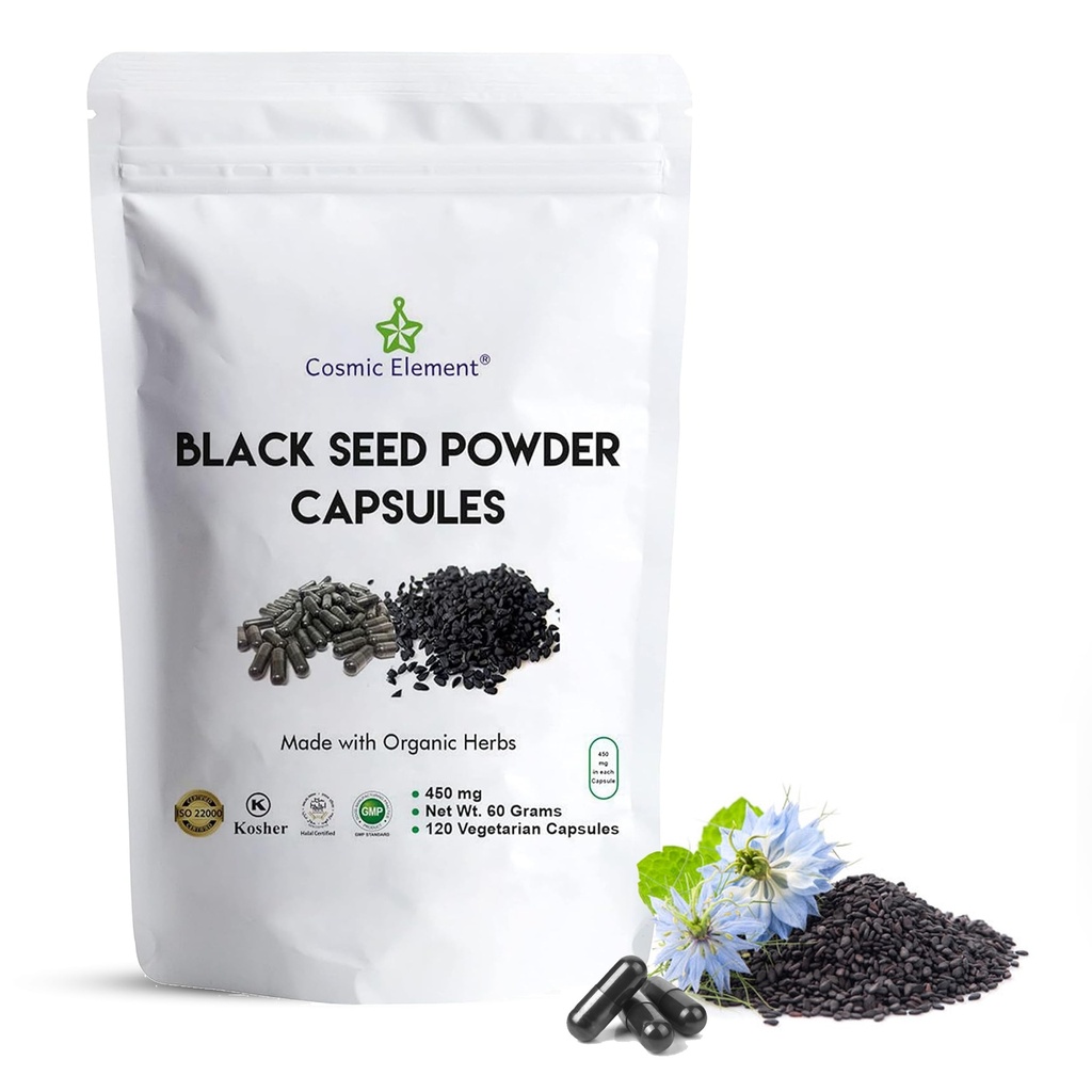 宇宙元素 100% 纯黑种子 卡普尔 有机 - Vegan Nigella Sativa 450mg 黑色 Cumin 种子 每服务于健康 - 120 卡普尔