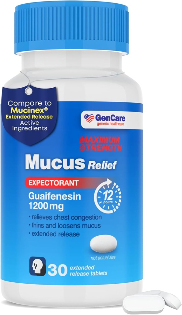 GenCare Mucus Relief 1200 mg 最大强度(30个计数) 1200 mg Guaifenesin 扩展释放片 — 对成年人胸腔摄入缓解的期望 — 与最大强度12小时相比