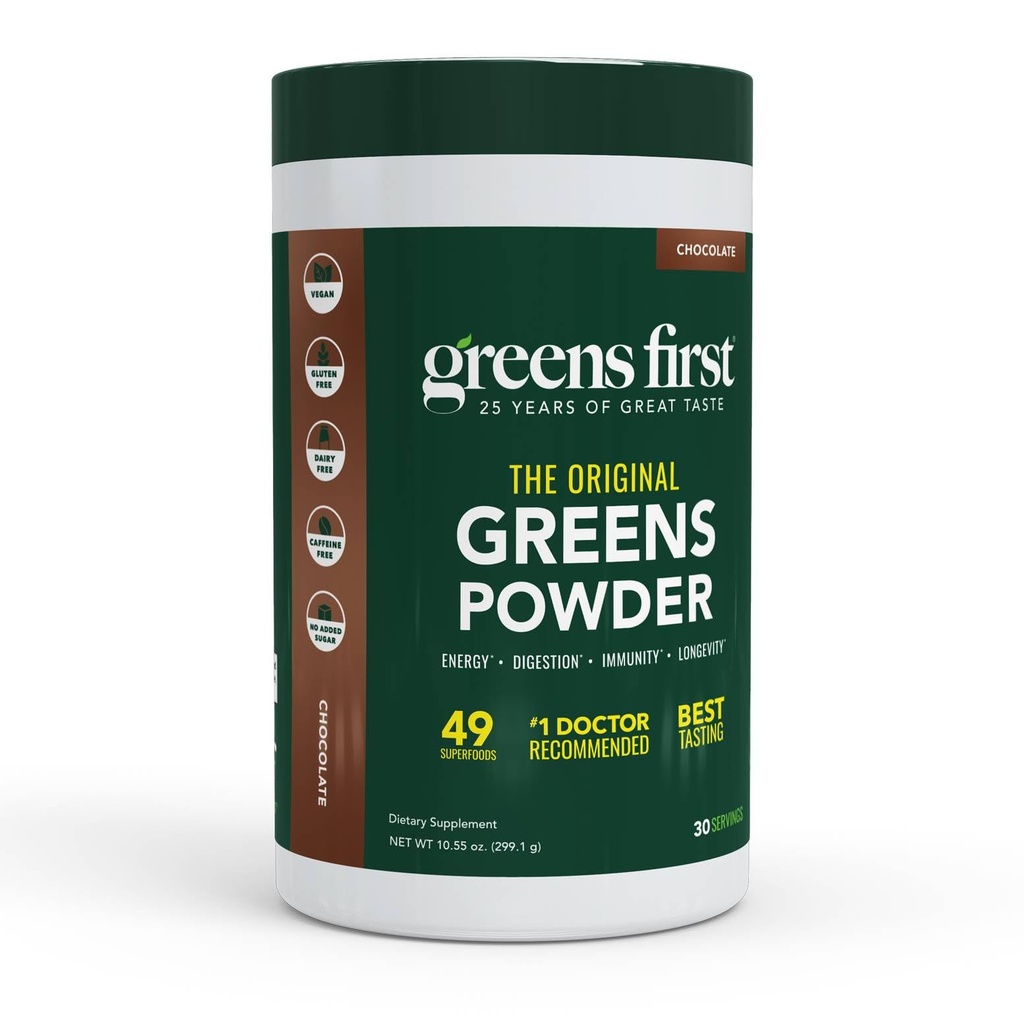 Greens First 原绿药粉 - 49 超级食品 - 有机水果和蔬菜 - 预生,亲生药和消化酶 - 抗氧化剂平滑剂 - 乳品自由,Vegan,非GMO(Chocolate, 30 Services)