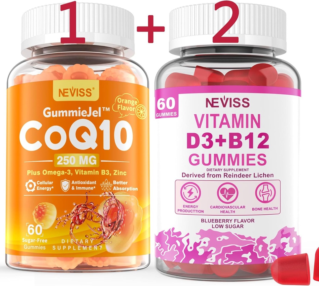 NEVISS 无糖CoQ10-250mg 填充胶类,60Cts + Vegan 维生素 D3 5000IU & Methy B12 1000mcg 胶类,120Cts