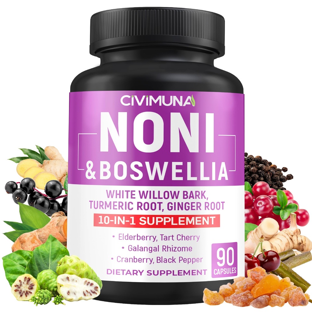 Noni Capsules配有Boswellia、White Willow Bark、Turmeric、Ginger Root和更多-90 Capsules供3个月使用