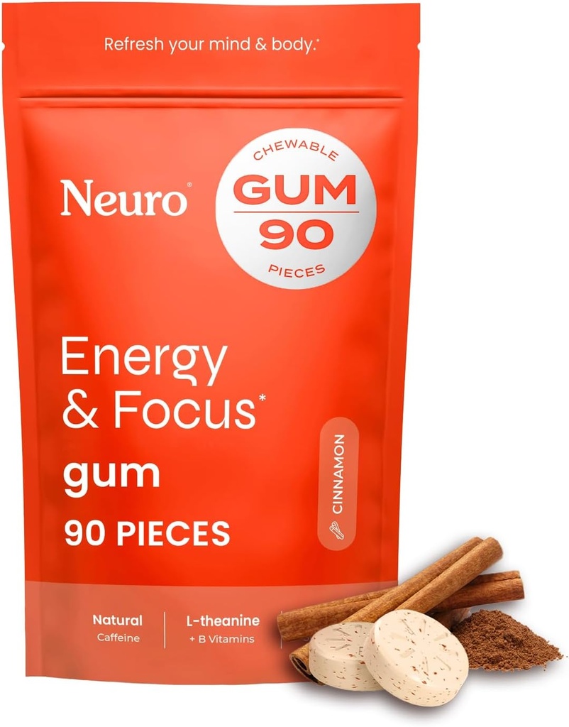 神经Gum 能量与焦点Gum(肉桂,90片) → 40mg 天然咖啡因 + L-Theanine + 维生素 B12 + B6 + Xylitol → 糖无诺诺氏性认知脑性能补充