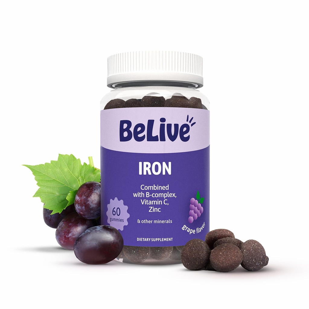BeLive Iron Gummys - 配有维生素C,A,B & Zinc的多维他命补充剂,支持血氧,维干铁补充剂给女性,男子和孩子促进增长和发展 - Grape Flavor & 1-Pack
