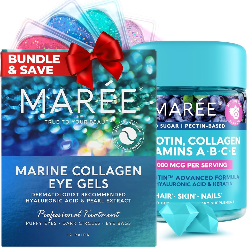 MAREE Beauty Bundle - 眼盖和生物素类固醇 - 海洋凝胶和氢酸, A B C E 维生素复合物 与 Keratin & Pantothenic Acid - De-puff Eyes & Dark Circles, Skin, Nails & Hair
