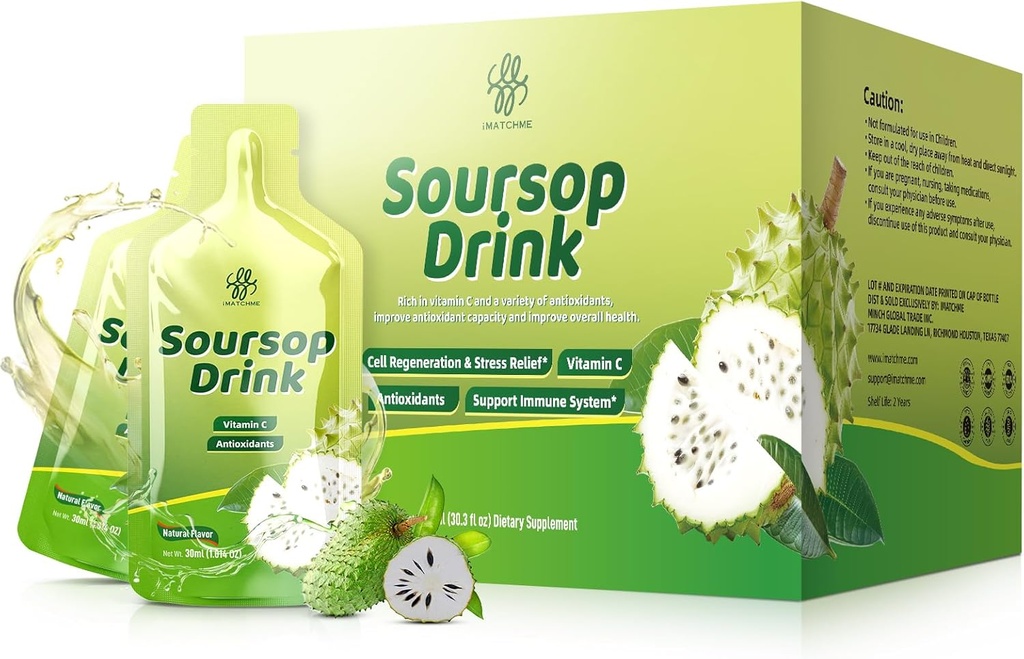 iMATCHME Soursop Bitters Liquids, Soursop 饮料加Graviola水果提取和维生素C用于细胞和免疫支持,抗氧化剂和消化健康,天然火焰,30 oz(30包)