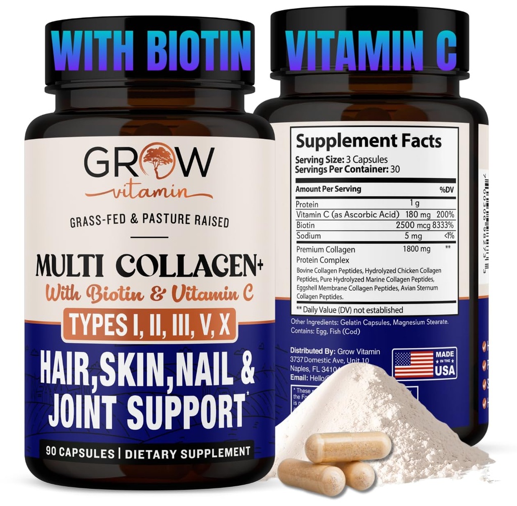 1800MG(第I、II、III、V和X类) - 非转基因、草药Collagen - 抗衰老支持头发、皮肤、钉子 - 联合支持的蛋白丸 - 90 Capsules