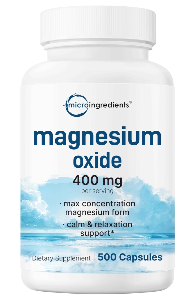 氧化镁400mg,500 Capsules → 最大浓度的元素形式 → 支持冷静,肌肉和神经健康 → 非GMO