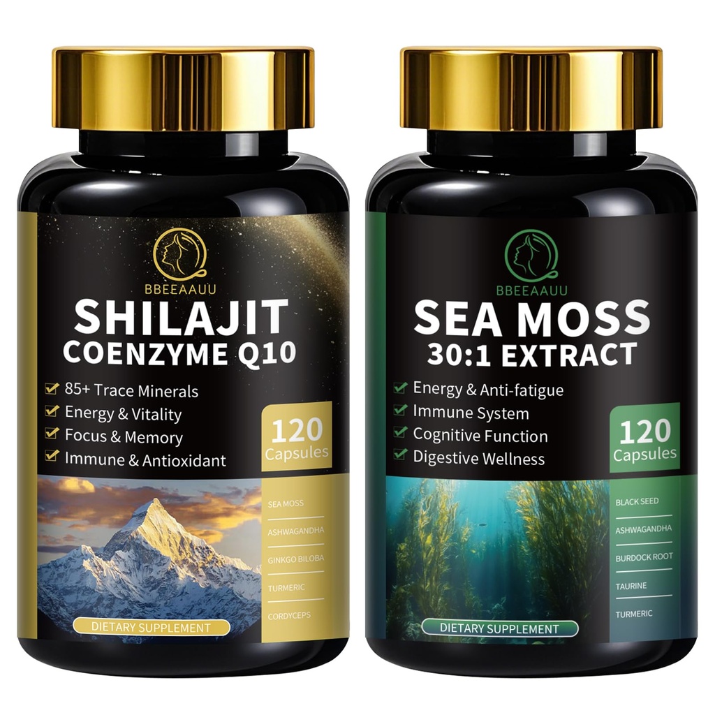 Shilajit for Men, Sea Moss and Shilajit Bundle, All in a supplements with Coenzyme Q10, 黑种子, Ashwagandha, Taurine, Burdock for Energy, 耐力,抗氧化剂和免疫支持, 240 Capsules