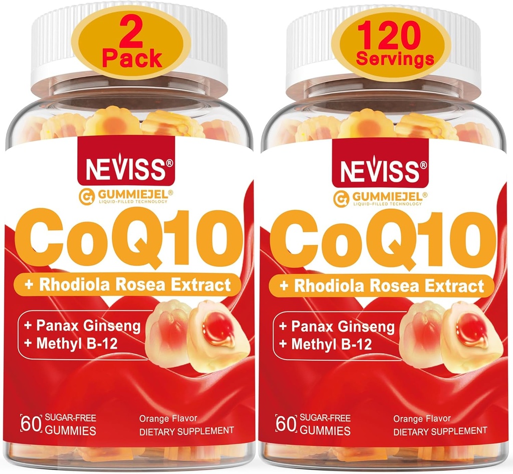 NEVISS 无糖 CoQ10 用维生素B12 1000mcg,罗迪奥拉·罗萨和帕纳克斯·金森提取,维生素B6,Coenzyme Q10 补充,2 Pack