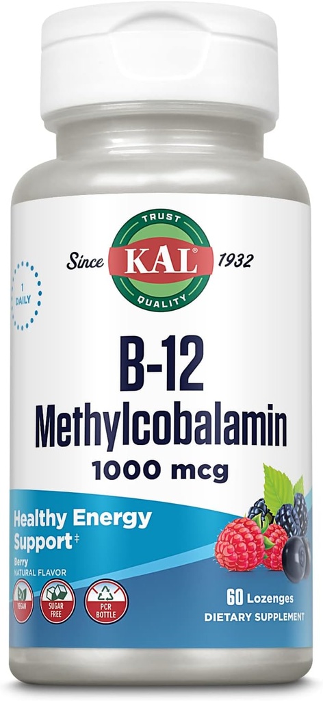 KAL 维生素B-12 甲基Cobalamin Lozenges 1000mcg,健康能源,代谢,Nerve和红血球支持,* 最佳吸附,天然贝里氟化物,Vegan,无糖,60种服务,60种Lozenges