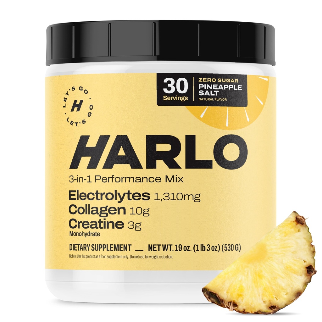 Harlo - 柯拉根和克里阿汀电解液 饮用混合剂 – 菠萝盐 Flavor – 水分预和后工作粉 – 支持皮肤,联合和肌肉恢复 – 无糖能源促进