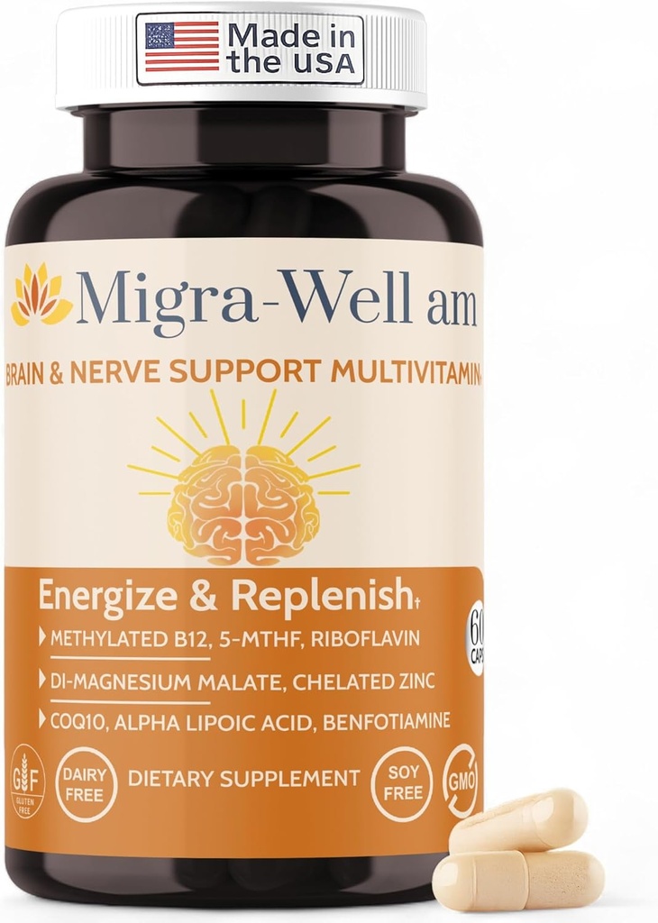 Migra-Well AM:利用生物可用矿物和抗氧化剂增强日用甲基多维生素,支持妇女和男子的大脑和神经健康 -- -- 没有铁(60卡普尔)