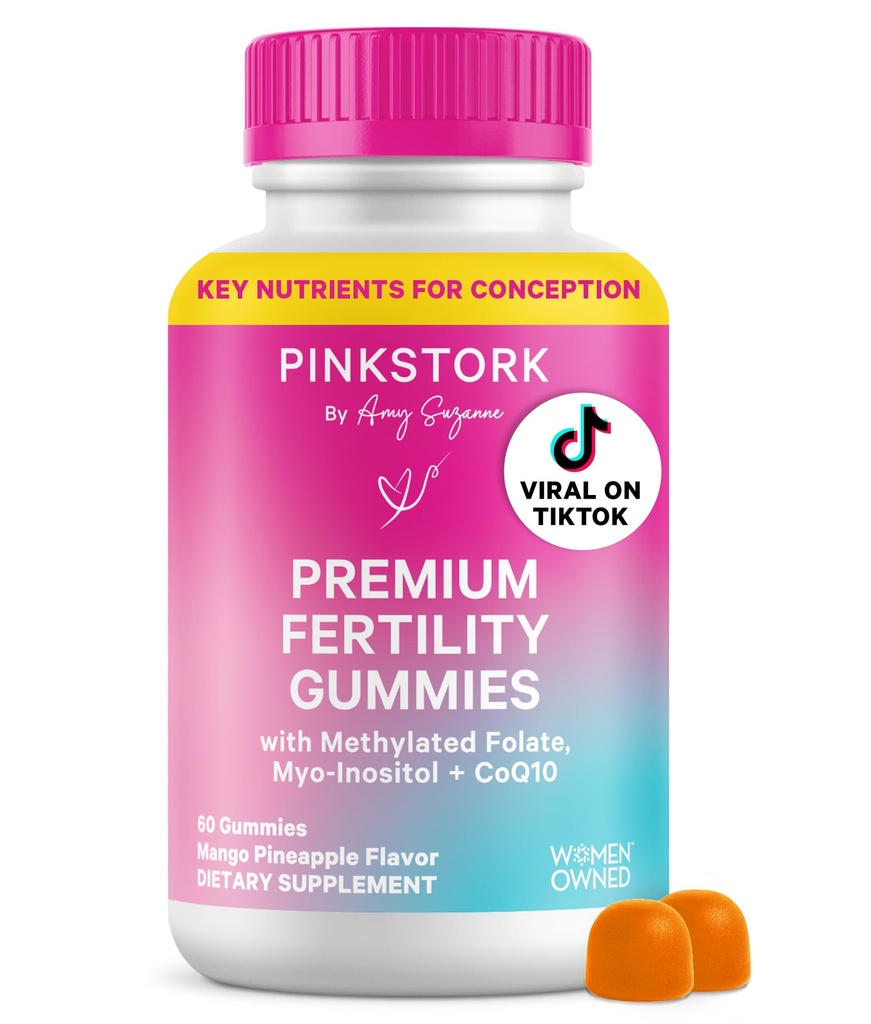 Pink Stork 生育率 妇女- Pineapple Mango Flavor, 构思支持 Myo-Inositol, CoQ10, Folate, Zinc, 维生素D, B6, B12 – 荷尔蒙与生殖健康补充 – 60 Gummys