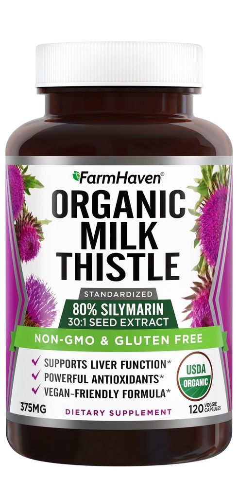 Farm Haven USDA Organical Milk Thatle Capsules + 30X 集中种子提取和80%Silymarin 标准化 - 支持肝功能和整体健康 → 非GMO → 120 Vegan Capsules