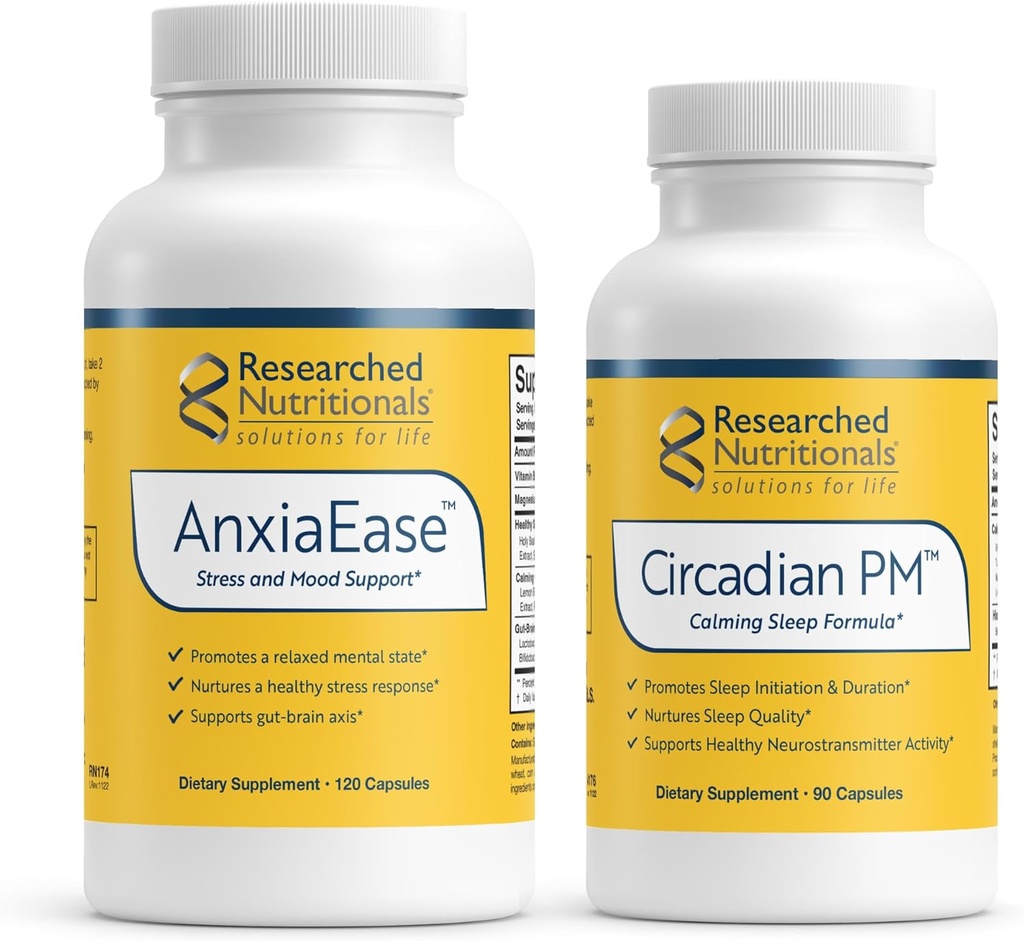 Researched Nutritionals Relaxation Support Bundle - AnxiaEase Stress, Cortisol Management & Mood Support Supplement (120 Capsules) & Circadian PM for Peaceful Nights (90 Capsules)