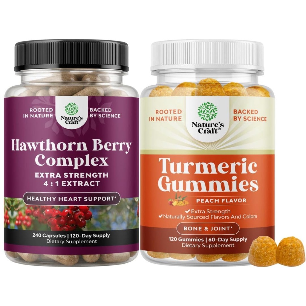 Bundle of High Strength Hawthorn Berry Capsules with Leaf & Flower Extract 4:1 for Healthy Heart & Digestion and Turmeric Gummies Peach Flavor with Turmeric Curcumin Black Pepper Extract Ginger