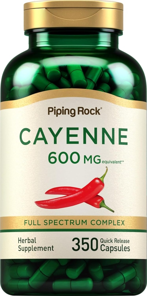 (原始内容存档于2018-09-21). Piping Rock Cayenne Pepper Capsules | 600mg | 350 Counter | 集中抽取补编 | 非GMO, Gluten Free