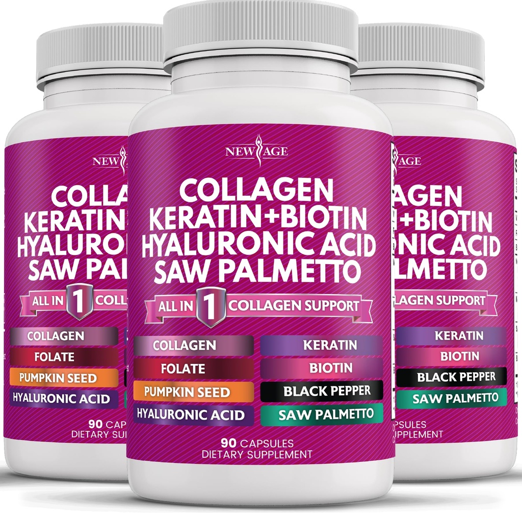 新AGE Collagen Pills Biotin Keratin Saw Palmetto Hyaluronic Acid-维生素E Folic Acid 南瓜种子 MSM-270 计数