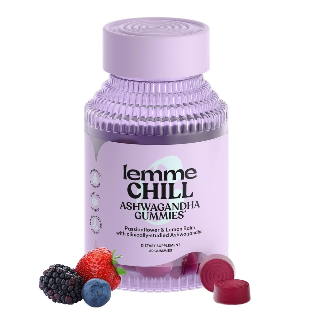 Lemme Chill Relief Gummys配有300mg KSM-66 Ashwagandha, Lemon Balm, Passionflower & Goji 支持放松,健康科尔蒂索尔和睡眠 - Gluten - Free, Non-GMO, Mixed Berry(60个伯爵)