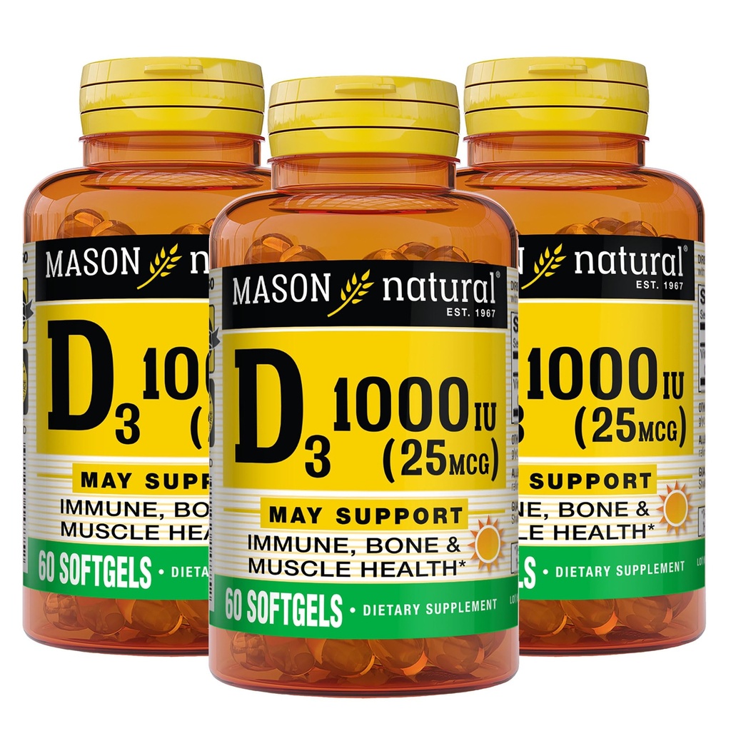 MASON NATURAL 维生素D3 25 mcg(1 000 IU),骨骼和免疫支持,来自鱼肝油,60软胶(3包)