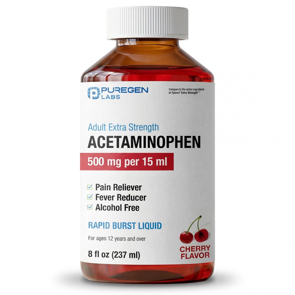 纯基因实验室 成人超强乙酰氨基苯液体 500mg/15ml - 8 fl oz 快速乳头疼痛 镇静剂/降火剂 樱桃火焰 |肌肉和联合止痛剂 |关节炎止痛剂