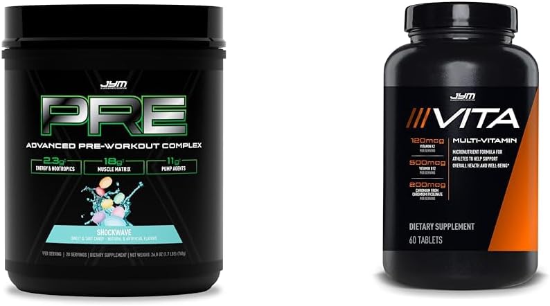 PRE JYM X - 电击波预选工作粉和Vita JYM 运动 多维特敏60块牌匾
