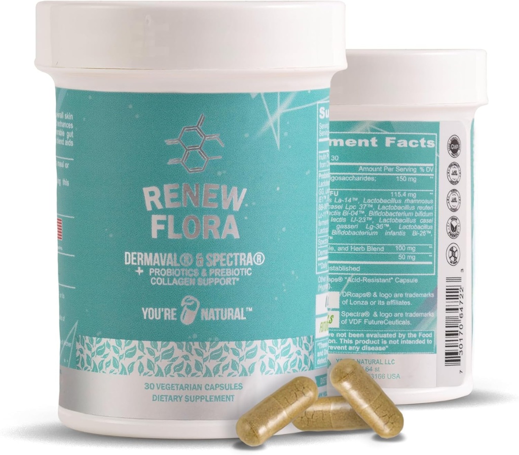 更新Flora - 高级Collagen & Skin支持 - 抗氧化剂加消化酶和对接受临床研究的妇女和男子的Gut支持 - 乳房杆菌和12种注册的亲生药物 - 30天供应