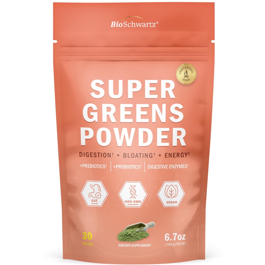 BioSchwartz Greens Powder Super Greens with Probiotics, Prebiotics, 消化酶 & 43 Green Superfoods - 氯phy, Bilberry, 氯ella, Spiruina - 口味惊人 - 30 services