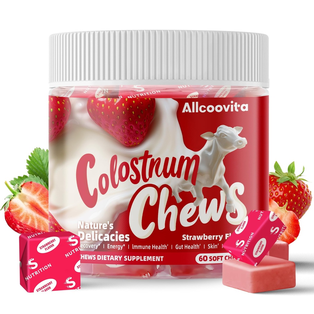 Bovine Colostrum Chews 配有增生剂,用于Gut健康、Bloating、Immune支助、皮肤、发型和美貌-草莓火焰(60种服务)