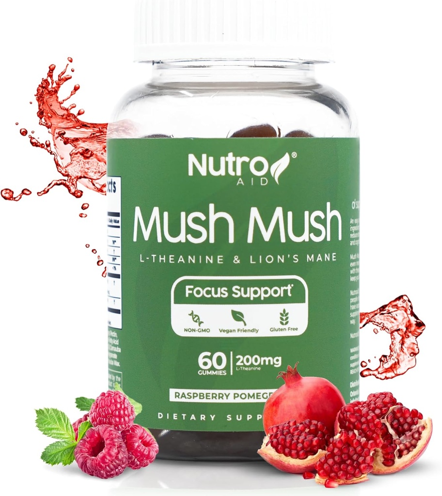 Lions Mane 补编 - 蘑菇Gummys - Mush Mush Genius 蘑菇Mushrooms 魔法心智 - 推动关注L-Theanine & Lions Mane - Raspberry & Pomegrant Flavor for Perk Energy - 60 Gummys
