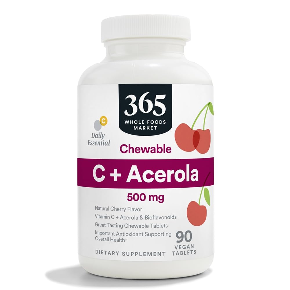 365 由全食品市场, Chewable C + Acerola C 500mg,天然樱桃 Flavor, Vegan, 90 片