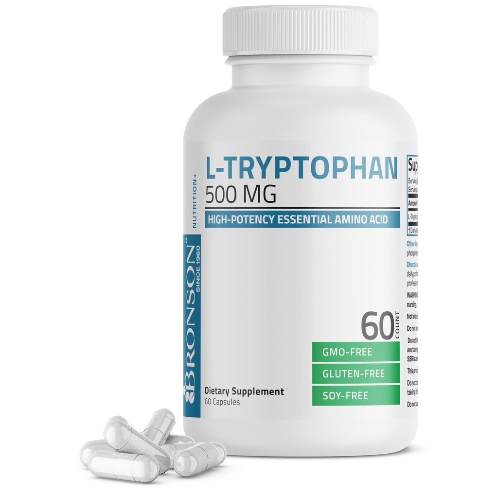 Bronson L-Tryptophan 500 MG 高概率 基本氨基酸支持 放松和阳性混合支持 非GMO, 60 Capsules