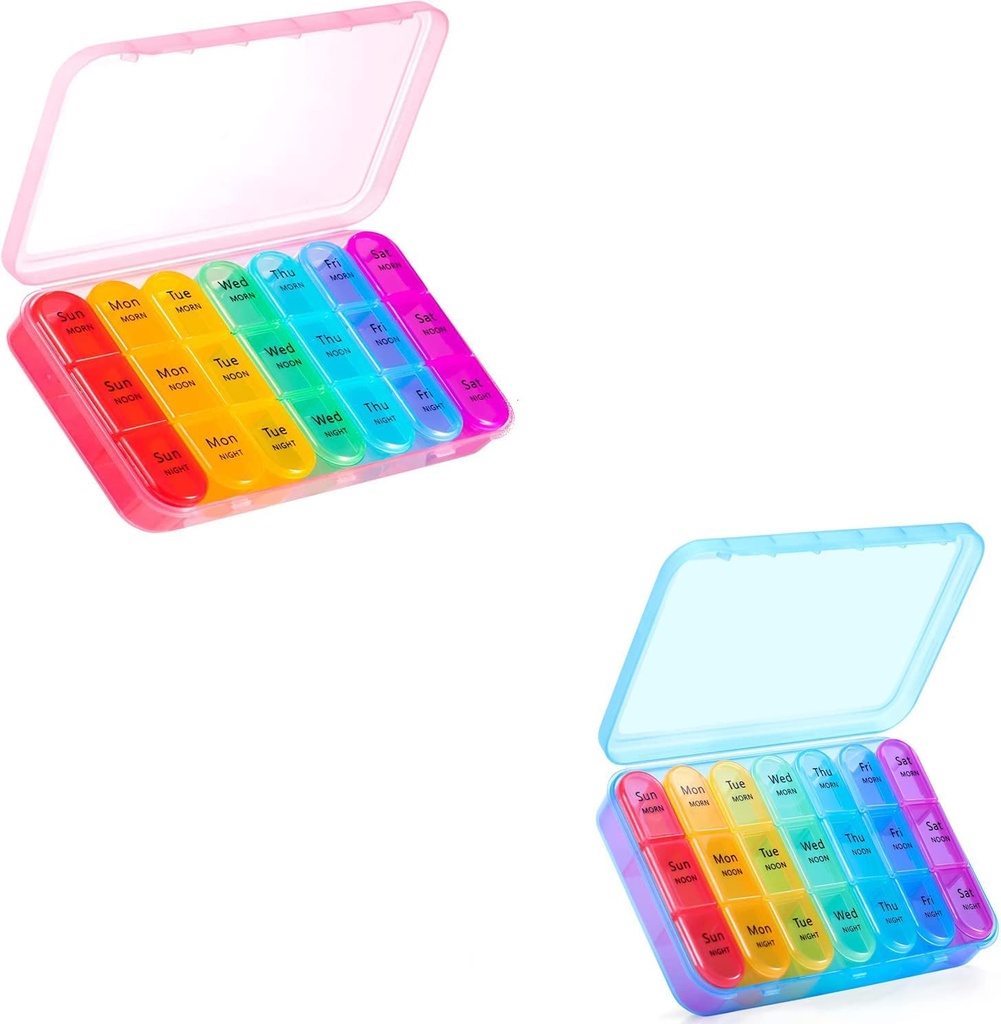 Asprink Pink and Blue Pill Organization 3 Times a Day - 每周药盒 3 Times a Day - 每日药盒 7 Day Medicine Organization,大型药盒 3 Times a Day, 旅行药盒 Organization