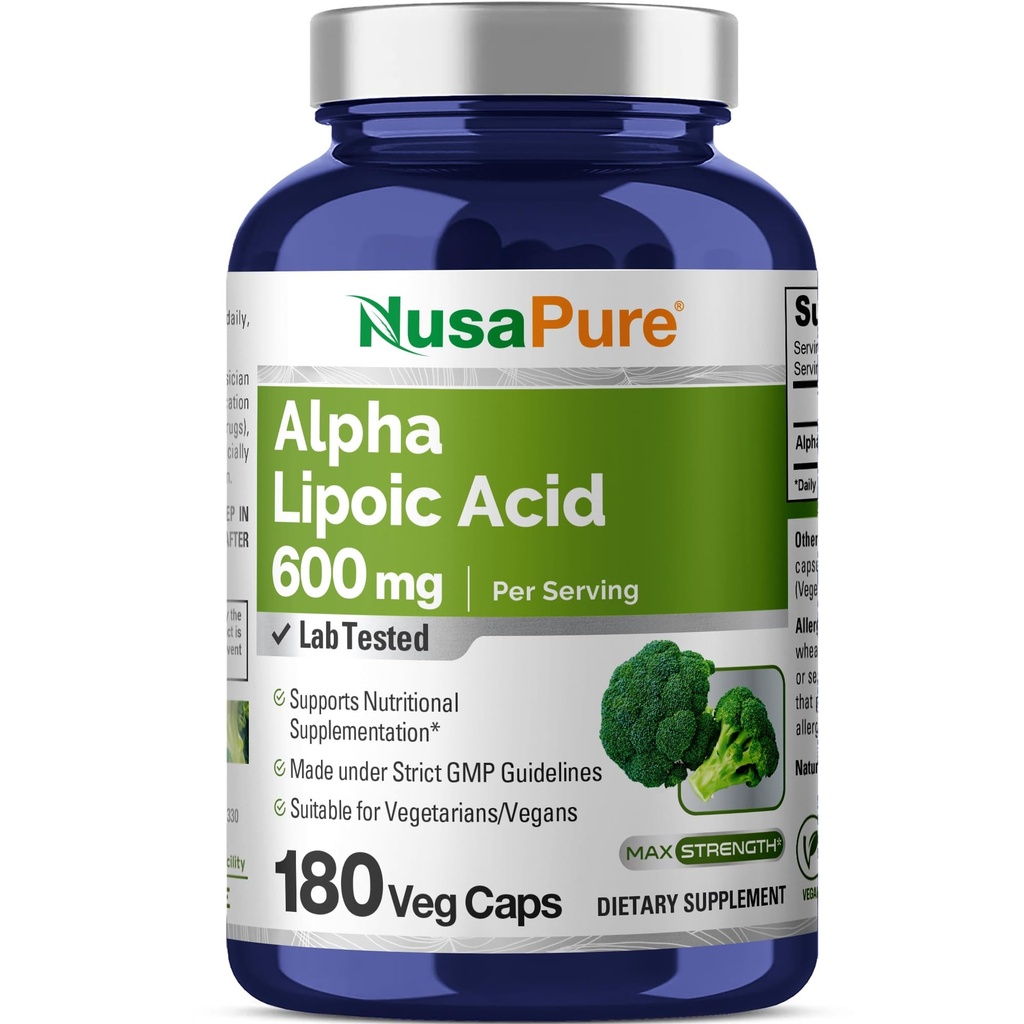 NusaPure Alpha Lipoic Acid 600 mg / service 180 Veggie Capsules (Vegetarian、N-GMO、Vegan)